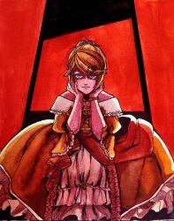 1girl aku_no_meshitsukai_(vocaloid) aku_no_musume_(vocaloid) art_trade bare_shoulders black_flower black_rose blue_eyes bow bracelet cheek_rest choker colored_eyelashes dress dress_bow dress_ribbon evil_smile evillious_nendaiki flower frilled_dress frilled_sleeves frills gouache_(medium) guillotine hair_bow hair_ornament hairclip hands_on_own_cheeks hands_on_own_face high_ponytail highres jewelry kagamine_rin looking_at_viewer meta28050 off-shoulder_dress off_shoulder orange_bow orange_ribbon painting_(medium) petticoat ponytail puffy_sleeves red_background red_theme ribbon riliane_lucifen_d&#039;autriche rose shaded_face sidelocks smile squatting stomacher swept_bangs traditional_media updo vocaloid watercolor_(medium) wide_sleeves yellow_choker yellow_dress yellow_flower yellow_rose