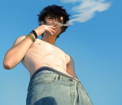 1boy absurdres black_hair blue_background bracelet cigarette commentary denim english_commentary from_below green_eyes highres jeans jewelry male_focus male_underwear male_underwear_peek mark_berskii navel nifast_(greentail) nipples pants project:_eden&#039;s_garden short_hair skinny smoke smoke_trail smoking solo topless_male underwear