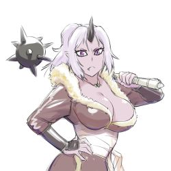 1girl black_horns breasts cleavage closed_mouth colored_skin fang hand_on_own_hip highres holding holding_mace holding_weapon horn horns jewelry large_breasts long_hair looking_at_viewer mace necklace ogre oni oni_girl oni_horn oni_horns pointy_ears ponytail purple_eyes purple_hair purple_skin shion_(tensura) simple_background single_horn slit_pupils solo spiked_mace spikes tensei_shitara_slime_datta_ken ueyama_michirou upper_body weapon white_background
