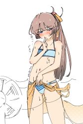 Rule 34 | 1girl, absurdres, bikini, blue eyes, brown hair, clothes lift, commentary request, electric fan, fanning crotch, flat chest, highres, kantai collection, kazagumo (kancolle), kazagumo (swimsuit) (kancolle), long hair, navel, orange sarong, ponytail, sarong, sarong lift, see-through clothes, see-through sarong, simple background, solo, striped bikini, striped clothes, sweat, swimsuit, tsuru (thunder tsuru), white background