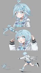 Rule 34 | 1girl, animal hood, asaripan, blue eyes, blue hair, blue shorts, braid, choker, detached hair, grey background, highres, hololive, hololive dev is, hood, hooded jacket, jacket, mizumiya su, o-ring, o-ring choker, rabbit hood, shoe soles, shorts, thigh strap, twin braids, virtual youtuber, white sneakers