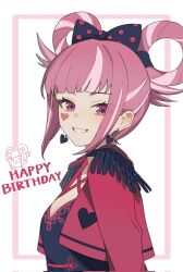 1girl blunt_bangs bow breasts cleavage cropped_jacket dr_metagross earrings facial_mark fire_emblem fire_emblem_engage from_side hair_bow hair_rings happy_birthday heart heart_earrings heart_facial_mark highres hortensia_(fire_emblem) jacket jewelry looking_at_viewer nintendo pink_eyes pink_hair polka_dot polka_dot_bow red_jacket small_breasts smile solo sommie_(fire_emblem) upper_body