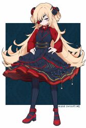 1girl alternate_costume black_dress blonde_hair blue_eyes breasts dress eyepatch flower goddess_of_victory:_nikke guillotine_(nikke) hair_flower hair_ornament highres long_hair red_dress sketch small_breasts solo tu_pa_pa_pa wavy_hair
