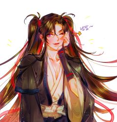 Rule 34 | 1boy, alternate hairstyle, arm guards, bishounen, black hair, black hanfu, blush, brown hair, chinese clothes, collarbone, hair ribbon, hand on own face, hand up, hanfu, highres, korean commentary, korean text, light particles, long hair, long sleeves, looking at viewer, male focus, modao zushi, niken (niken ouo), one eye closed, parted lips, pectoral cleavage, pectorals, purple eyes, red hair, red ribbon, ribbon, robe, simple background, smile, solo, star (symbol), trap, twintails, upper body, very long hair, wei wuxian, white background, wide sleeves