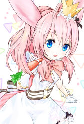 1girl ahoge animal_ears apron black_ribbon blue_eyes carrot crown dress emil_chronicle_online food frills gloves highres holding holding_food looking_at_viewer minnie_doe_alma open_mouth pink_dress pink_hair rabbit_ears rabbit_girl ribbon white_gloves