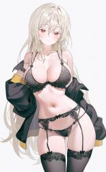 1girl bare_shoulders black_bow black_bra black_jacket black_panties black_thighhighs blush bow bow_bra bow_panties bra breasts cameltoe cleavage closed_mouth collarbone commission contrapposto cowboy_shot floral_print fymrie garter_belt gluteal_fold grey_background hair_between_eyes hair_intakes hand_up highres jacket lace lace-trimmed_bra lace-trimmed_panties lace_trim large_breasts lethe_rin lingerie long_hair long_sleeves looking_at_viewer navel no_pants no_shirt off_shoulder open_clothes open_jacket original panties red_eyes second-party_source simple_background skindentation solo stomach sweat thighhighs underwear unzipped very_long_hair wet white_hair zipper