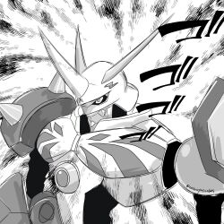 Rule 34 | chest jewel, digimon, digimon (creature), greyscale, highres, horns, mecha, monochrome, omegamon, onikuyasan1224, robot, shoulder spikes, simple background, sketch, solo, sound effects, spikes, twitter username, upper body, white background