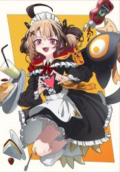 Rule 34 | 1girl, absurdres, ahoge, alternate costume, apron, bandaid, bandaid on knee, bandaid on leg, black dress, breakdiamond, brown hair, dress, four-finger heart hands, gigi murin, heart, heart hands, highres, hololive, hololive english, ketchup, ketchup bottle, looking at viewer, maid, maid headdress, pink eyes, short twintails, solo, tail, twintails, white apron, white headdress