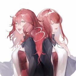 2girls absurdres breasts chinese_commentary closed_eyes commentary_request devola green_eyes hair_between_eyes hand_on_own_chest highres long_hair long_sleeves medium_breasts meru02295238 messy_hair multiple_girls nier nier_(series) open_mouth popola red_hair red_lips siblings simple_background sisters twins upper_body white_background wide_sleeves
