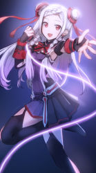 10s 1girl :d armpits black_boots black_thighhighs boots bow bowtie braid braided_bangs breasts dress ear_piercing energy_whip female_focus foreshortening from_side garter_straps hair_ornament leg_up long_hair looking_at_viewer looking_to_the_side open_mouth piercing purple_dress red_bow red_bowtie red_eyes ryokucha_manma short_dress sidelocks small_breasts smile solo sword_art_online sword_art_online_the_movie:_ordinal_scale thigh_boots thighhighs twin_braids white_hair yuna_(sao)