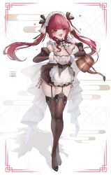 1girl absurdres apron between_breasts black_dress black_garter_straps black_ribbon black_shoes black_sleeves bow bowtie breasts commentary commentary_request detached_sleeves dress english_commentary fang full_body garter_straps hair_ribbon heart heart_hands heterochromia highres holding holding_watering_can hololive houshou_marine large_breasts long_hair maid_headdress maison_de_cante mixed-language_commentary open_mouth red_eyes red_hair ribbon shadow shoes skin_fang solo sweat thighhighs twintails virtual_youtuber watering_can white_apron white_bow white_bowtie white_wrist_cuffs wrist_cuffs yellow_eyes
