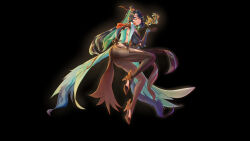 1girl absurdres aqua_eyes aqua_lips ass bird black_background bodystocking chinese_hairpin cloud_retainer_(genshin_impact) colored_inner_hair crane_(animal) earrings genshin_impact high_heels highres jewelry jiayeboge_gaebolg long_hair multicolored_hair red-framed_eyewear simple_background solo tassel tassel_earrings xianyun_(genshin_impact)