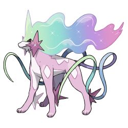 alternate_color devildman fakemon full_body gen_2_pokemon highres legendary_pokemon long_hair multicolored_hair nintendo no_humans pokemon pokemon_(creature) rainbow_hair simple_background solo suicune white_background