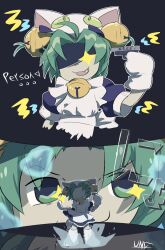 ... 1girl :3 ahoge animal_hat apron blue_dress cat_hat dejiko di_gi_charat dress english_text evoker fang green_eyes green_hair gun_to_head hat highres mittens parody persona persona_3 puffy_sleeves s.e.e.s shaded_face shoes short_hair uniplantiso white_apron white_mittens