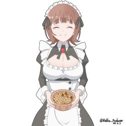 1girl absurdres amami_haruka apron basket birthday black_dress breasts brown_hair cleavage closed_eyes closed_mouth cookie dated dress facing_viewer food highres holding holding_basket idolmaster idolmaster_(classic) juliet_sleeves long_sleeves maid maid_apron maid_headdress nillis puffy_sleeves red_brooch short_hair simple_background smile solo standing straight-on twitter_username white_apron white_background white_headdress