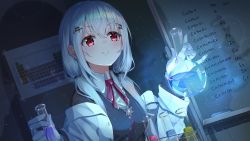 1girl absurdres black_sweater blouse chemistry closed_mouth collared_shirt flask grey_hair hair_between_eyes hair_ornament hairclip hakase_fuyuki hakase_fuyuki_(1st_costume) highres holding holding_flask holding_test_tube lab_coat layered_sleeves long_hair long_sleeves looking_away neck_ribbon nijisanji off_shoulder periodic_table red_eyes red_ribbon ribbon shima46 shirt smile solo sweater test_tube twintails upper_body v-shaped_eyebrows virtual_youtuber white_shirt