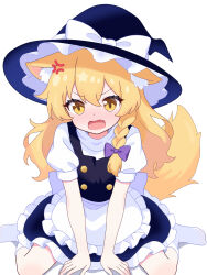 Rule 34 | 1girl, absurdres, angry, animal ears, apron, black skirt, black vest, blonde hair, bow, cat ears, cat tail, fang, frilled hat, frilled skirt, frills, hair bow, hat, hat bow, highres, kirisame marisa, no shoes, puffy short sleeves, puffy sleeves, purple bow, qing zhanglao, shirt, short sleeves, simple background, sitting, skin fang, skirt, socks, solo, tail, touhou, vest, wariza, white apron, white background, white bow, white shirt, white socks, witch hat, yellow eyes