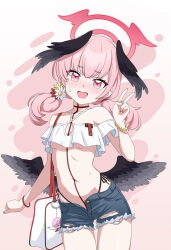1girl bag black_wings blue_archive criss-cross_halter crop_top denim denim_shorts feathered_wings halo halterneck head_wings highleg highleg_panties highres koharu_(blue_archive) koharu_(pizza_hut)_(blue_archive) loli looking_at_viewer low_twintails low_wings navel nervous_smile open_fly panties pink_eyes pink_hair red_halo short_shorts shorts shoulder_bag side-tie_panties smile string_panties twintails underwear v welchsbinn winged_halo wings