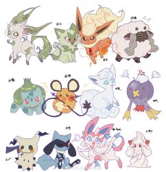 Rule 34 | absurdres, alcremie, alolan form, alolan vulpix, anger vein, animal focus, ascot, blue eyes, bright pupils, bulbasaur, dedenne, drifblim, fire, flareon, full body, gen 1 pokemon, gen 4 pokemon, gen 6 pokemon, gen 7 pokemon, gen 8 pokemon, glasses, highres, leafeon, mimikyu, nintendo, no humans, open mouth, pokemon, pokemon (creature), red ascot, red eyes, riolu, shenhai shenye, simple background, sprigatito, sylveon, white background, white pupils, wooloo