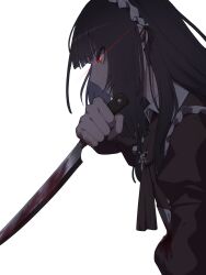1girl ascot black_hair blood blood_on_clothes bloody_weapon bob_cut collared_dress dress from_side heiya_desu highres holding holding_knife injury juliet_sleeves knife limbus_company long_hair long_sleeves maid maid_headdress parted_lips project_moon puffy_sleeves red_eyes reverse_grip ryoshu_(project_moon) simple_background solo sweat very_sweaty weapon white_background wuthering_heights_(identity)_(project_moon)