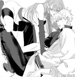 1boy 1girl blunt_bangs closed_mouth fovopobo gintama greyscale hair_behind_ear hair_between_eyes hand_on_another&#039;s_stomach high_collar highres japanese_clothes kimono long_hair looking_at_viewer monochrome open_mouth pants sakata_gintoki sarutobi_ayame sash short_hair sweatdrop