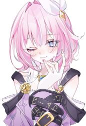 1girl ;) blue_eyes coat cyrene_(honkai:_star_rail) hair_ornament hashtag-only_commentary highres honkai:_star_rail honkai_(series) jewelry mtrk_09 multicolored_hair necklace one_eye_closed pink_hair pink_nails purple_coat short_hair simple_background smile solo two-tone_hair upper_body white_background white_hair