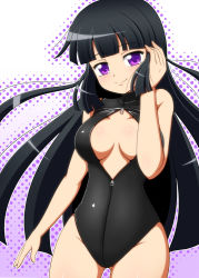 1girl black_hair breasts cleavage front_zipper_swimsuit highres large_breasts long_hair meme_attire mole one-piece_swimsuit purple_eyes sister_quest smile swimsuit takappe tateha_(sister_quest)