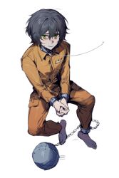 1boy ball_and_chain_restraint barefoot black_hair collar degrees_of_lewdity green_eyes highres jumpsuit kylar_(degrees_of_lewdity) kylar_(male)_(degrees_of_lewdity) looking_at_viewer male_focus orange_jumpsuit prison_clothes short_hair simple_background solo solublesalt123 white_background