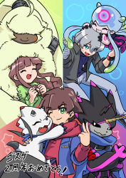 Rule 34 | 1girl, 2boys, amanokawa hiro, angoramon, bandaged arm, bandages, blue eyes, digimon, digimon (creature), digimon ghost game, dinosaur, gammamon, gulusgammamon, higashimitarai kiyoshiro, highres, jellyfish girl, jellymon, long hair, monster girl, multiple boys, rabbit, sansyonoki64, short hair, tentacle hair, tentacles, triceratops, tsukiyono ruli, white hair