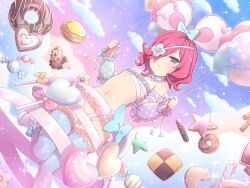 1girl :&lt; animal_ears balloon blue_eyes blue_thighhighs blush bow cake candy candy_cane checkerboard_cookie chocolate chocolate_chip_cookie cloud cookie crotch_cutout detached_sleeves donut fake_animal_ears flat_chest flower_eyepatch food frontless_outfit hair_over_eyes hair_over_one_eye happy_valentine heart heart-shaped_food highres holding holding_balloon kazakiri_(senran_kagura) lollipop looking_at_viewer macaron medium_hair midair mouse_ears multicolored_sky navel official_alternate_costume official_alternate_hairstyle official_art pink_hair pink_ribbon ribbon senran_kagura senran_kagura_new_link skindentation sky solo sparkle sweets thighhighs valentine wavy_hair