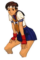 1girl blue_sailor_collar brown_eyes capcom_vs_snk crop_top fingerless_gloves from_side game_cg gloves hands_on_own_thighs headband highres ikeno_daigo kasugano_sakura looking_to_the_side midriff mma_gloves non-web_source official_art sailor_collar school_uniform serafuku skirt smile solo street_fighter