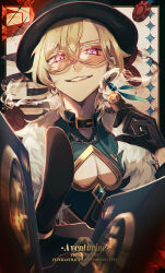 1boy absurdres aqua_shirt aventurine_(honkai:_star_rail) black_gloves black_hat blonde_hair blue_eyes character_name cigar collared_shirt commentary_request english_text fur-trimmed_jacket fur_trim gloves grin hair_between_eyes hat highres holding holding_cigar honkai:_star_rail honkai_(series) jacket looking_at_viewer male_focus multicolored_eyes ozuro_(orzbone2008) pink_eyes poker_chip shirt short_hair smile solo spade_cutout two-tone_eyes upper_body