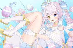 Rule 34 | 1girl, ahoge, animal, animal on shoulder, antenna hair, baby animal, bare legs, bell, bird, blue background, blue bow, boots, bow, bow-shaped hair, capelet, chick, choker, clothing cutout, coattails, diamond-shaped pupils, diamond (shape), easter, easter egg, egg, em 0801, flower, gloves, gold trim, gradient background, grey hair, hair bow, hair flower, hair ornament, halo, heart, heart ahoge, heterochromia, highres, holding legs, indie virtual youtuber, jingle bell, knees together feet apart, knees up, long hair, looking at viewer, low-tied long hair, midriff, mini wings, open mouth, own hands together, reclining, second-party source, shirt, short shorts, shorts, shoulder cutout, sitting, solo, streamers, symbol-shaped pupils, teeth, twintails, upper teeth only, very long hair, white boots, white bow, white capelet, white gloves, white shirt, white shorts, white wings, wing hair ornament, wings