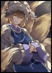 Rule 34 | 1girl, animal hat, arms under breasts, backlighting, black border, blonde hair, blue tabard, border, breasts, buttons, commentary request, dress, eyes visible through hair, fox shadow puppet, fox tail, frilled dress, frilled hat, frilled sleeves, frills, grey dress, grey hat, hair between eyes, hands in opposite sleeves, hat, highres, kitsune, kyuubi, large breasts, large tail, light blush, light particles, light smile, long sleeves, looking at viewer, meji aniki, mob cap, multiple tails, oversized clothes, parted lips, short hair, solo, tabard, tail, tassel, touhou, upper body, white dress, white hat, wide sleeves, yakumo ran, yellow eyes, yellow tail