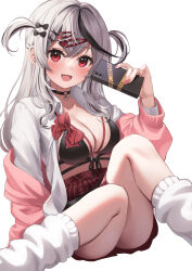 1girl absurdres breasts cleavage fang grey_hair highres hololive holox looking_at_viewer medium_breasts multicolored_hair nikahoshikuzu open_mouth phone red_eyes sakamata_chloe solo streaked_hair virtual_youtuber