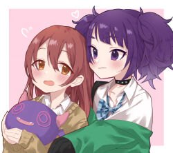 Rule 34 | 2girls, black choker, blue bow, blue bowtie, blush, border, bow, bowtie, brown hair, brown sweater, choker, collarbone, commentary, debi tarou, flying sweatdrops, green jacket, heart, highres, idolmaster, idolmaster shiny colors, jacket, jacket partially removed, long hair, loose bowtie, multiple girls, open collar, osaki tenka, pink background, plaid bow, plaid bowtie, plaid clothes, purple hair, school uniform, shirt, simple background, smile, straight hair, sweater, tanaka mamimi, twintails, upper body, white border, white shirt, yu-kichan