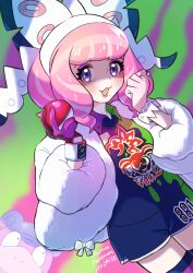 Rule 34 | 1girl, bow, breasts, colored skin, drill hair, eyeshadow, flipped hair, fur jacket, galarian slowbro, hair bow, hairband, hands up, jacket, klara (pokemon), makeup, medium breasts, mole, mole under mouth, nintendo, orange (orangelv20), pink eyeshadow, pink hair, pink lips, pink skin, pokemon, pokemon (creature), pokemon swsh, print shirt, print shorts, purple eyes, shirt, short hair, shorts, side slit, side slit shorts, smile, twin drills, two-tone shirt, two-tone shorts, white bow, white hairband
