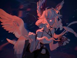 1girl absurdly_long_hair ahoge bird_girl blonde_hair blue_background blue_dress blue_hair bow breasts dagger dress enna_alouette flower hair_flower hair_ornament head_wings heart_(organ) highres knife long_hair looking_at_viewer low_twintails mockingbird0009 multicolored_hair nijisanji nijisanji_en purple_bow purple_dress purple_eyes purple_wings sleeveless small_breasts smile solo twintails very_long_hair virtual_youtuber weapon white_flower wings