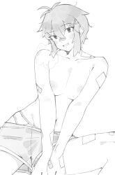 1girl absurdres bandaid bandaid_on_arm bandaid_on_face bandaid_on_nose blush breasts breasts_squeezed_together commentary cowboy_shot fukana_miyu_(kokuya28) greyscale grin hair_ornament highres kokuya_(kokuya28) looking_at_viewer monochrome nipples original short_hair shorts simple_background smile solo tomboy topless_female x_hair_ornament