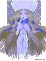 1girl :o blonde_hair blue_eyes caitlin_(pokemon) commentary cowboy_shot dress hat highres long_hair long_sleeves looking_at_viewer mayotsunamayo nintendo open_mouth parted_lips pokemon pokemon_bw solo twitter_username very_long_hair white_dress white_hat yawning