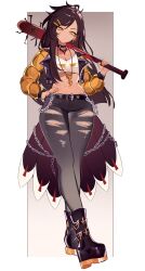 1girl baseball_bat belt black_belt black_boots black_jacket boots breasts brown_hair chain cleavage cropped_jacket cropped_shirt eyelashes grey_pants hair_ornament hairpin hand_on_own_hip hara_rae_sol highres holding holding_baseball_bat indie_virtual_youtuber jacket jewelry long_hair multicolored_jacket navel necklace over_shoulder pants second-party_source shirt solo spiked_bat torn_clothes torn_pants two-tone_jacket virtual_youtuber weapon weapon_over_shoulder white_shirt woppuru yellow_eyes yellow_jacket