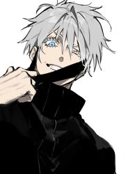 Rule 34 | 1boy, black jacket, blue eyes, clenched teeth, commentary request, dutch angle, eyelashes, gojou satoru, hair between eyes, high collar, highres, jacket, jujutsu kaisen, looking at viewer, ma0ma0 0, male focus, one eye closed, short hair, simple background, smile, solo, teeth, upper body, white background, white hair