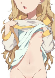 Rule 34 | 1girl, blonde hair, bottomless, breasts, clothes lift, female focus, groin, head out of frame, highres, kurumi (lycoris recoil), lifting own clothes, long hair, lycoris recoil, morisobo, navel, nipples, no bra, no panties, one breast out, open mouth, out-of-frame censoring, shirt lift, simple background, small breasts, solo, very long hair, white background