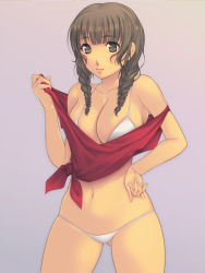 1girl bad_id bad_pixiv_id bikini braid breasts brown_eyes brown_hair cleavage female_focus kimi_kiss large_breasts long_hair mizusawa_mao navel shawl skindentation solo swimsuit twin_braids yoko_juusuke