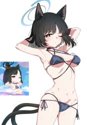 1girl absurdres animal_ear_fluff animal_ears armpits arms_behind_head arms_up bare_shoulders bikini black_bikini black_eyes black_hair black_tail blue_archive blue_bikini blue_halo blue_tail blush breasts cat_ears cat_girl cat_tail colored_inner_animal_ears cowboy_shot criss-cross_straps halo halterneck highres kikyou_(blue_archive) kikyou_(swimsuit)_(blue_archive) layered_bikini looking_at_viewer multi-strapped_bikini_bottom multiple_tails navel official_alternate_costume one_eye_closed partially_submerged rayno short_hair simple_background solo standing stomach string_bikini swimsuit tail two_tails water wet white_background