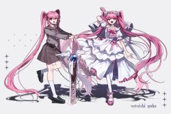 Rule 34 | 1girl, absurdly long hair, absurdres, bare arms, black sailor collar, black shoes, black skirt, bow, bowtie, collared dress, danjou sora, dress, flower, frilled dress, frilled sleeves, frilled thighhighs, frills, full body, grey background, grey shirt, hair between eyes, hair flower, hair ornament, happy, high-waist skirt, highres, holding, holding sword, holding weapon, kneehighs, lace-trimmed bowtie, leg up, long dress, long hair, long sleeves, magical girl, mary janes, miniskirt, neckerchief, open mouth, over shoulder, pink bow, pink bowtie, pink eyes, pink hair, pink neckerchief, pink shoes, pleated skirt, puffy long sleeves, puffy short sleeves, puffy sleeves, reference sheet, rose, sailor collar, satoishi yuka, school uniform, serafuku, shadow, shirt, shoes, short sleeves, side slit, simple background, skirt, smile, socks, sparkle, sword, thighhighs, twintails, utau, uwabaki, variations, veil, very long hair, voicevox, waist bow, weapon, weapon over shoulder, white dress, white flower, white rose, white socks, white thighhighs, white veil