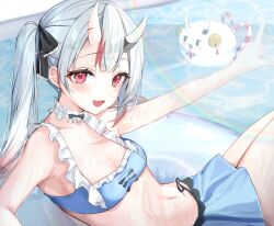 1girl armpits bikini bikini_skirt black_bow black_ribbon blue_bikini blush bow bow_choker choker commentary_request cowboy_shot double-parted_bangs eyelashes fang floating frilled_bikini frilled_choker frills grey_hair hair_ribbon highres hololive horns iruka3 l_hand lens_flare long_hair looking_at_viewer microskirt multicolored_hair nakiri_ayame navel on_innertube oni open_mouth outstretched_arm pool poyoyo_(nakiri_ayame) red_eyes red_hair ribbon side_ponytail skin-covered_horns skin_fang skirt smile solo sparkling_eyes stomach streaked_hair swimsuit virtual_youtuber water wet white_choker