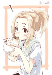 Rule 34 | !, 1girl, blonde hair, blush, bowl, chopsticks, dated, eating, food, forehead, gyuudon, holding, holding bowl, holding chopsticks, idolmaster, idolmaster cinderella girls, imay3927, looking at viewer, manabe itsuki, medium hair, outside border, ponytail, raised eyebrows, red eyes, shirt, short ponytail, sidelocks, solo, t-shirt, towel, towel around neck, upper body, white background, white shirt