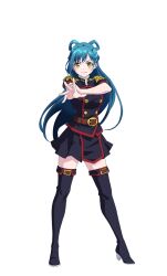Rule 34 | 1girl, anime coloring, anti-demon corps uniform, azuma himari (mato seihei no slave), belt, black boots, black jacket, black skirt, blush, boots, breasts, brown belt, closed mouth, full body, green hair, hair rings, hand on own arm, jacket, large breasts, long hair, looking at viewer, mato seihei no slave, military uniform, nakano keiya, official art, open hand, outstretched arm, palms, pleated skirt, reaching, reaching towards viewer, simple background, skirt, smile, solo, spread fingers, standing, thigh boots, thighs, transparent background, v-shaped eyebrows