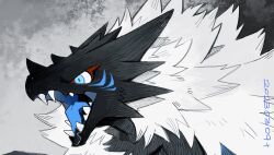Rule 34 | black fur, black skin, blue eyes, blue tongue, colored skin, colored tongue, dated, dg jia, dragon, facial mark, fangs, grey background, horns, monster, monster focus, multiple horns, no humans, original, portrait, sharp teeth, simple background, slit pupils, solo, teeth, white fur